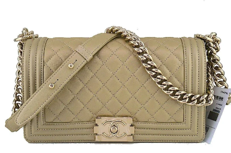 Chanel Colorful Handbag for Spring OutfitsNWT 17S Chanel Pale Gold Le Boy Classic Flap, Medium Caviar Bag