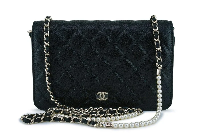 Chanel bags with leather and tweed combinationsNWT Chanel Black Rare Fantasy Pearls Wallet on Chain WOC Flap Bag