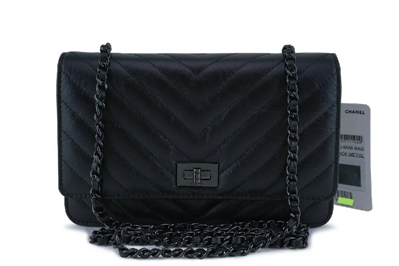 Chanel bags for the minimalist fashionNWT Chanel So Black Chevron Reissue Wallet on Chain WOC Flap Bag