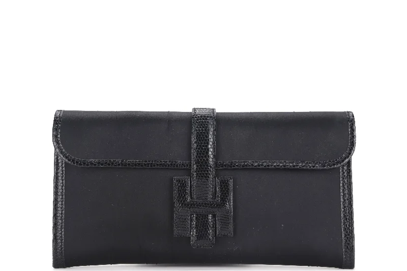 (EXOTIC) HERMES JIGE ELAN 29 TOUCH (STAMP O SQUARE) BLACK SATIN & NILOTICUS LIZARD, NO DUST COVER