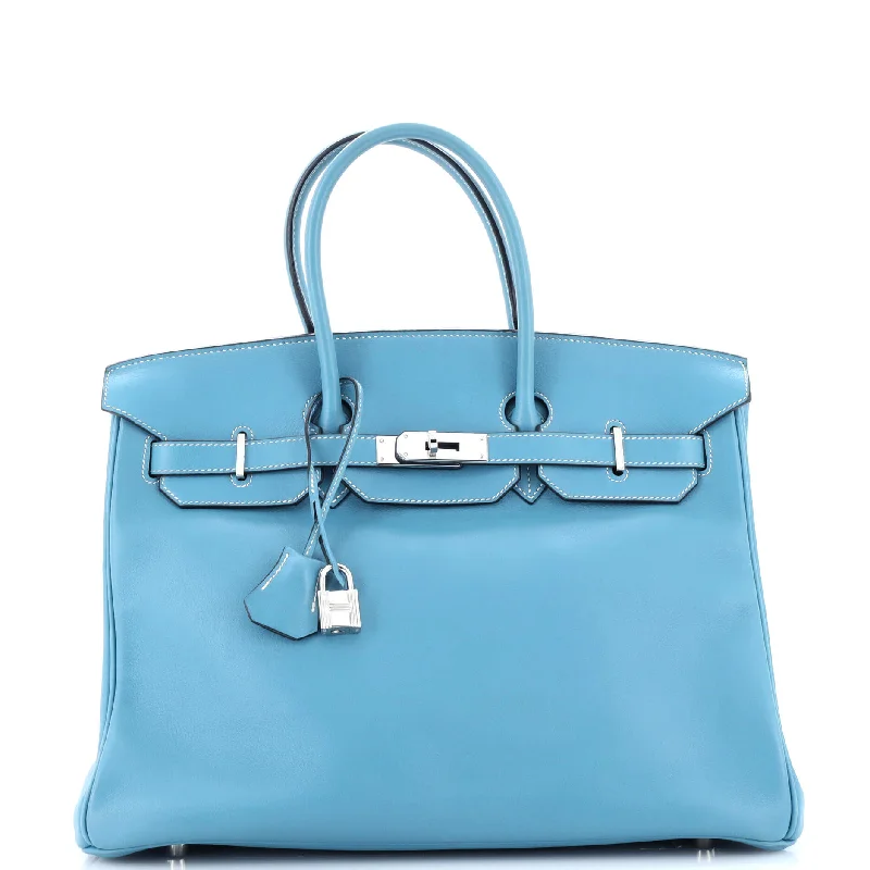 Hermes Birkin Bags with a Hand - Carved Leather DecorationBirkin Handbag Bleu Jean Swift with Palladium Hardware 35