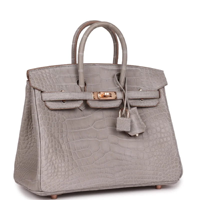 Hermes Birkin Bags with Custom - Engraved Hardware for PersonalizationHermes Special Order (HSS) Birkin 25 Gris Perle Verso Matte Alligator Rose Gold Hardware