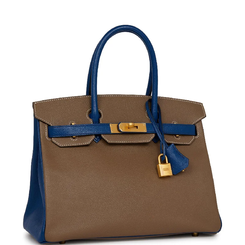 Hermes Birkin Bags with a Leather - Bound Handle for DurabilityHermes Special Order (HSS) Birkin 30 Etoupe and Bleu Saphire Chevre Brushed Gold Hardware