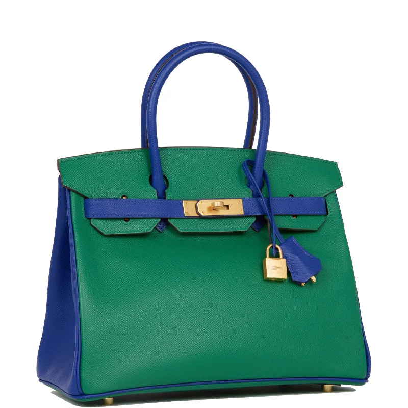 Hermes Birkin Bags with a Gold - Plated Lock and Key SetHermes Special Order (HSS) Birkin 30 Vert Verone and Bleu Electric Epsom Brushed Gold Hardware