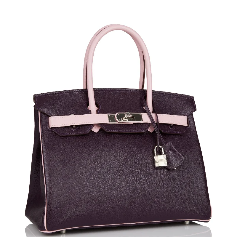 Hermes Birkin Bags with a Textured Taurillon Clemence LeatherTop Quality Hermes Special Order (HSS) Birkin 30 Raisin and Rose Sakura Chevre Palladium Hardware