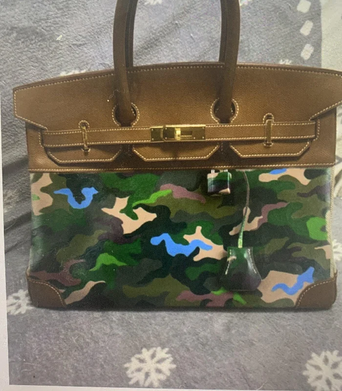 Hermes Birkin Bags with Custom - Engraved Hardware for PersonalizationVintage Hermès Birkin 35 Toile & Epsom Gold Hardware Custom Camo Paint